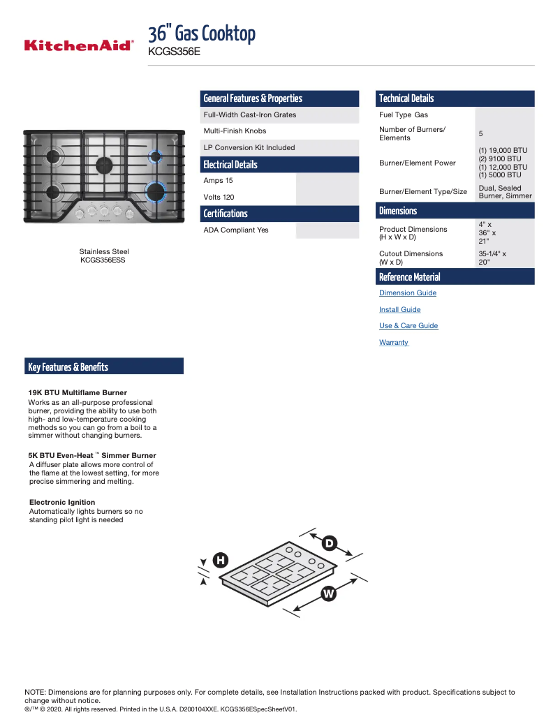 Page 1 de la notice Fiche technique KitchenAid KCGS956ESS