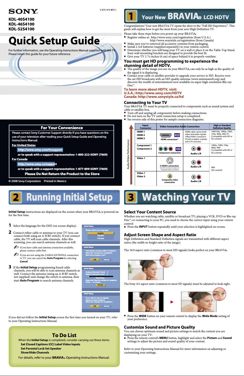 Page n°1 - Guide d'installation Sony Bravia KDL-40S4100