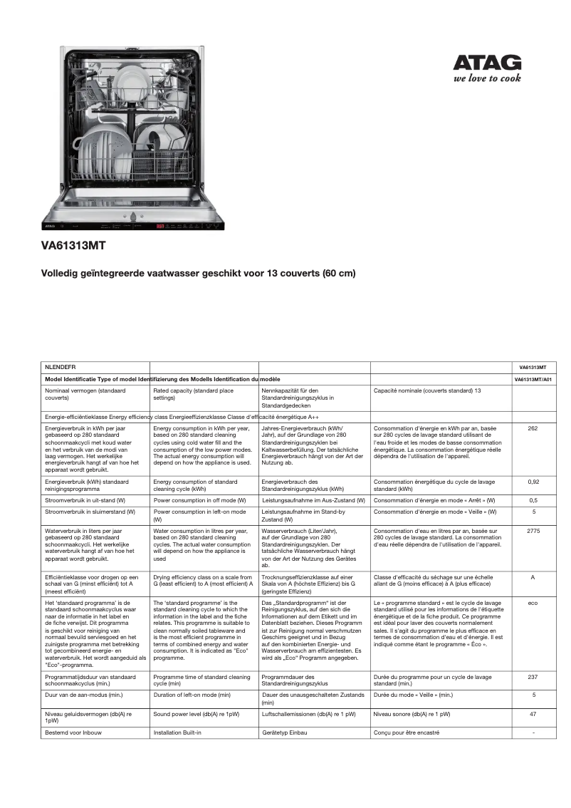 Page 1 de la notice Fiche technique Atag VA61313MT