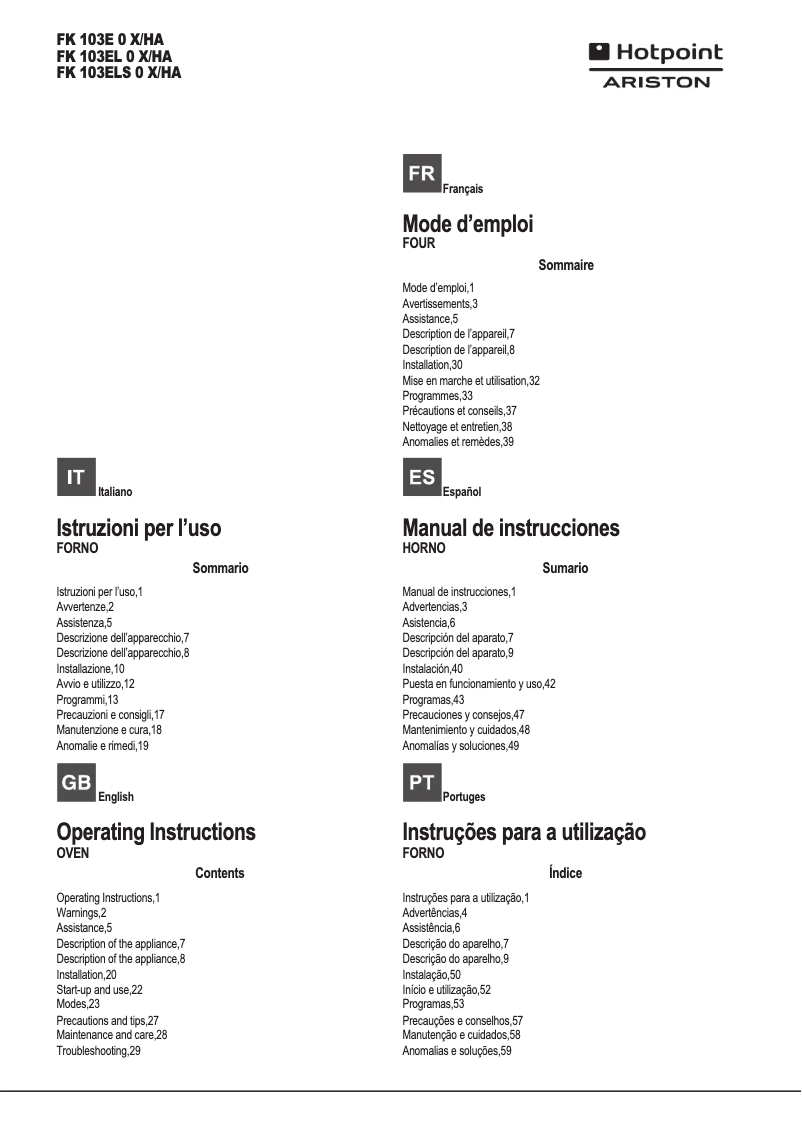 Page 1 de la notice Manuel utilisateur Hotpoint Ariston FK 103E 0 X/HA