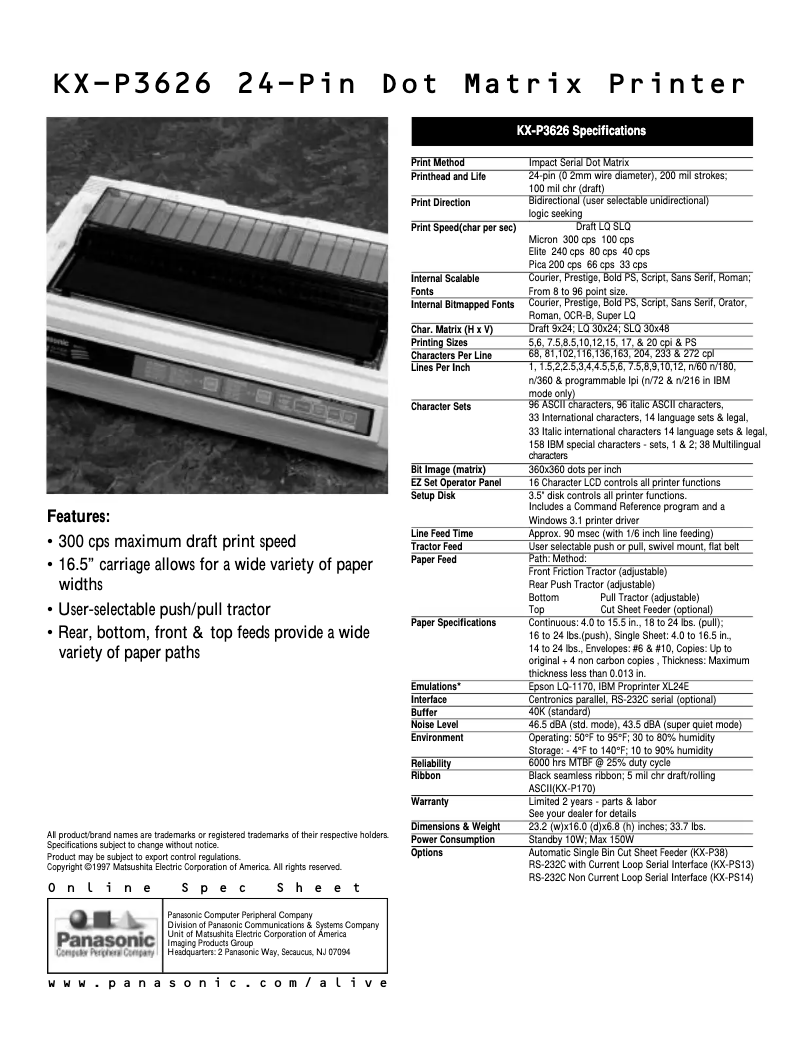Page 1 de la notice Manuel utilisateur Panasonic KX-P3626