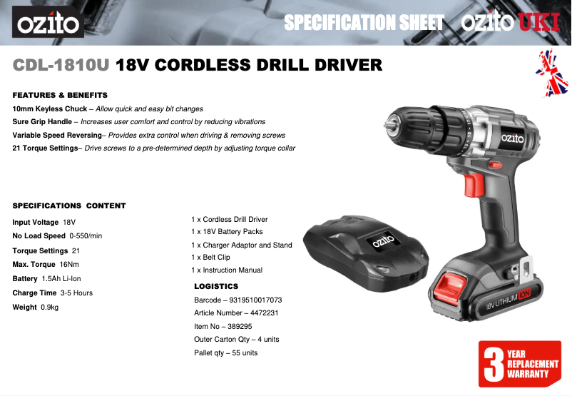 Page 1 de la notice Fiche technique Ozito CDL-1810U