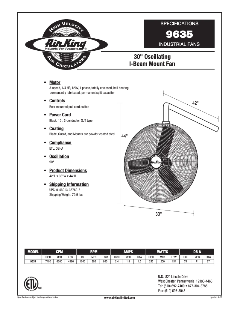 Page n°1 - Fiche technique Air King 9635