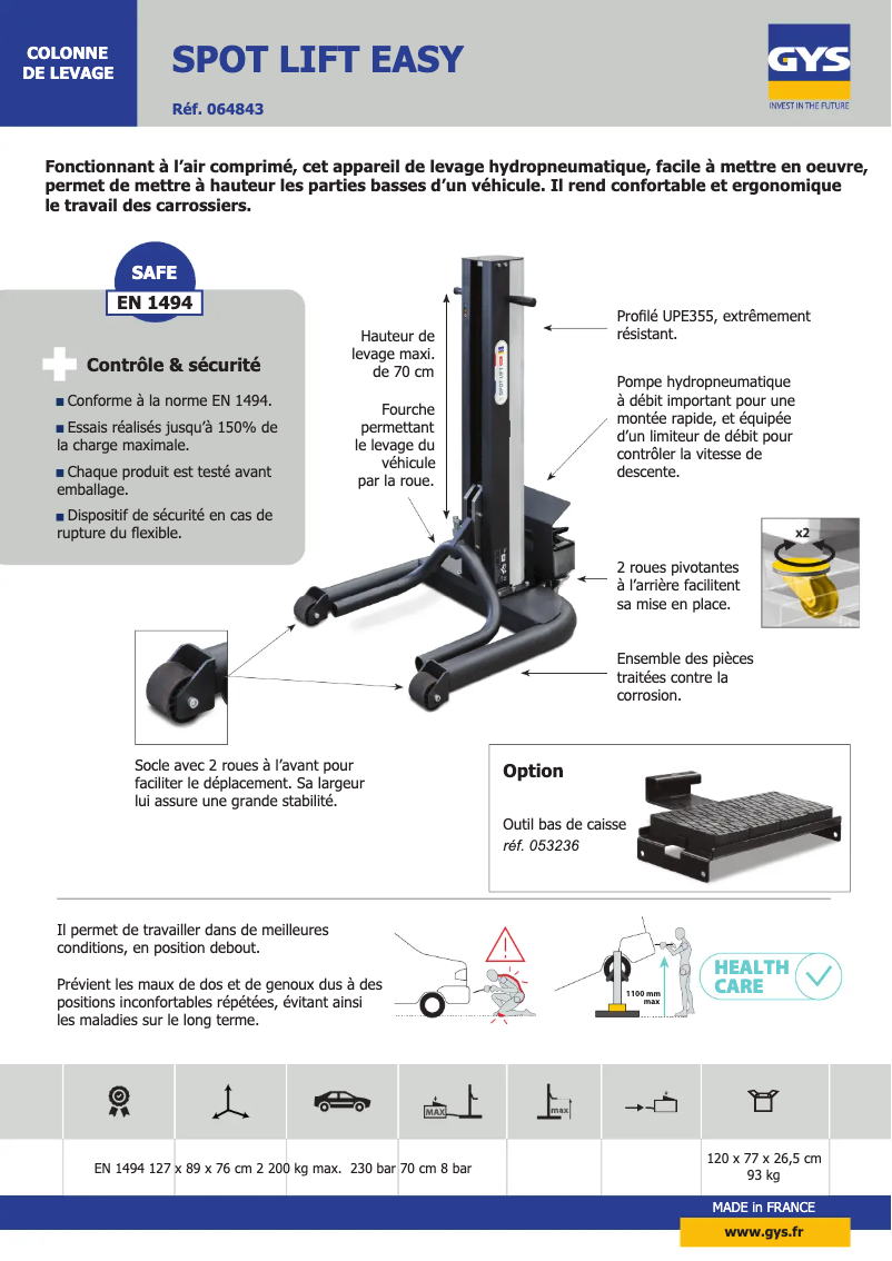 Page 1 de la notice Fiche technique GYS Spot Lift Easy