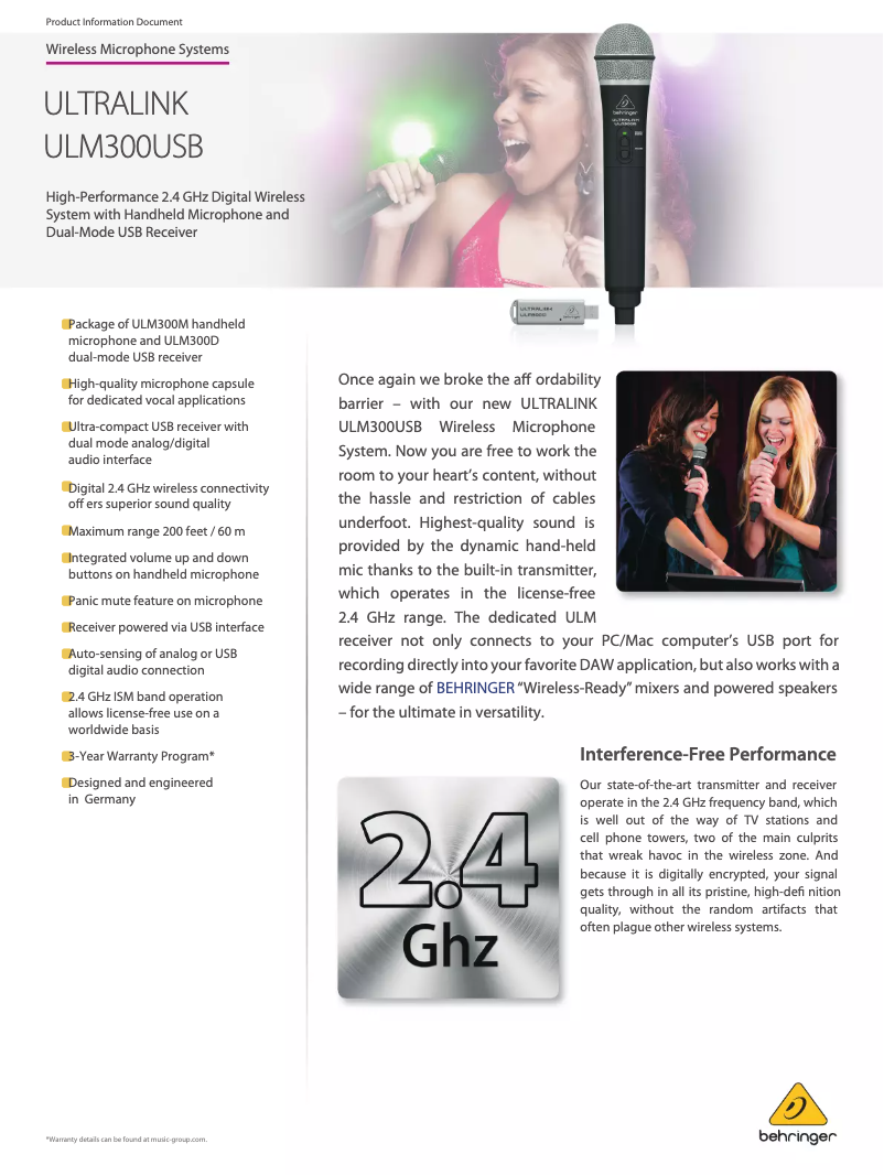 Page 1 de la notice Fiche technique Behringer UltraLink ULM300USB