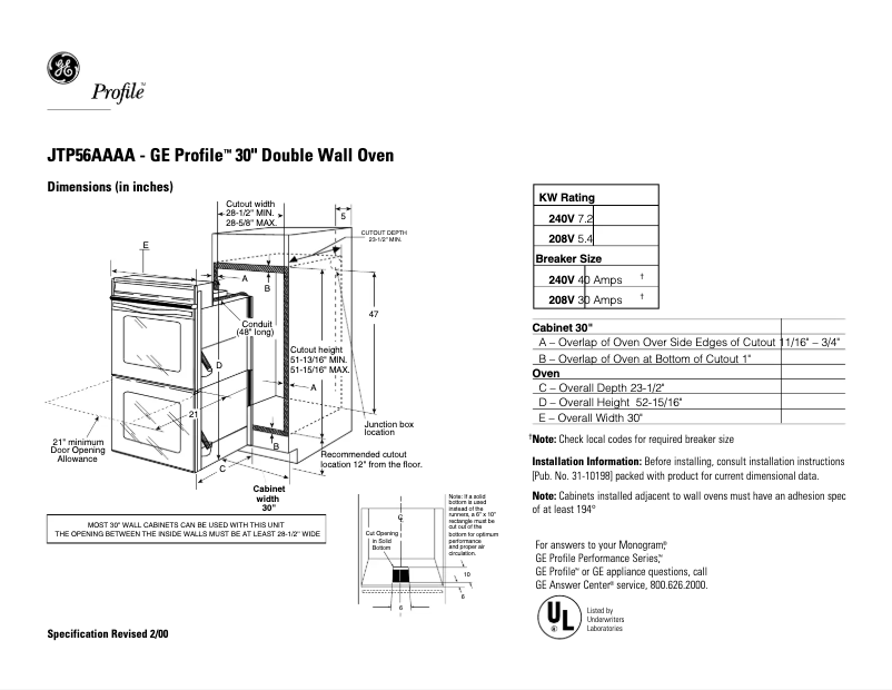 Página 1 del manual Ficha técnica GE Profile JTP56AAAA