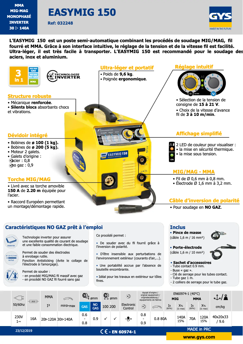 Page 1 de la notice Fiche technique GYS Easymig 150