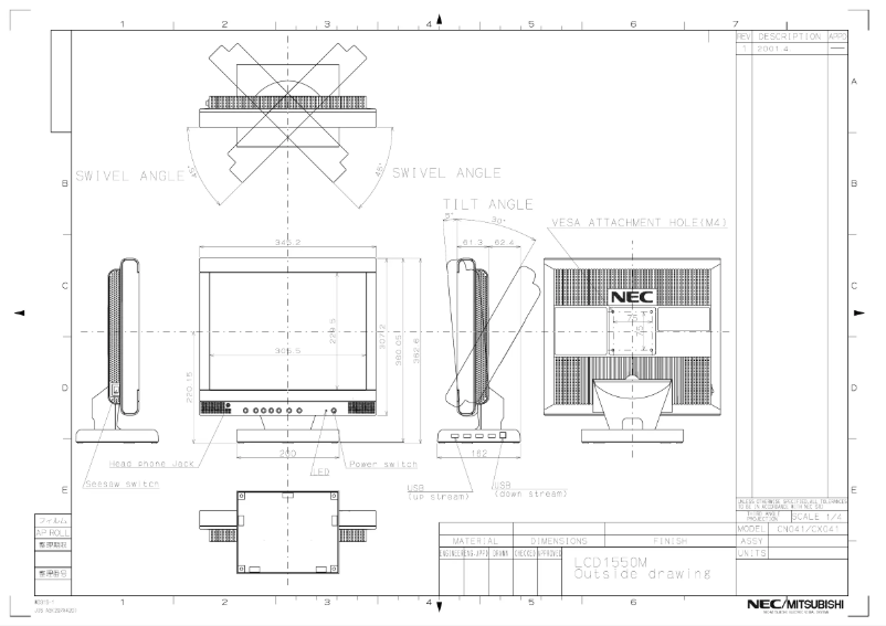 Page 1 de la notice Dessin technique NEC MultiSync LCD1550VM