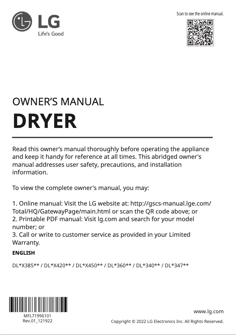 Page 1 de la notice Manuel utilisateur LG DLE3400W