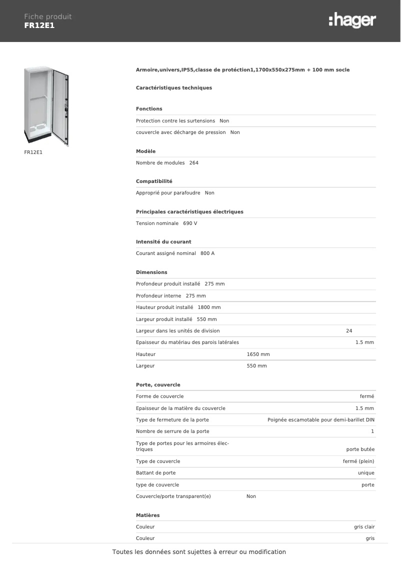 Page 1 de la notice Fiche technique Hager FR12E1