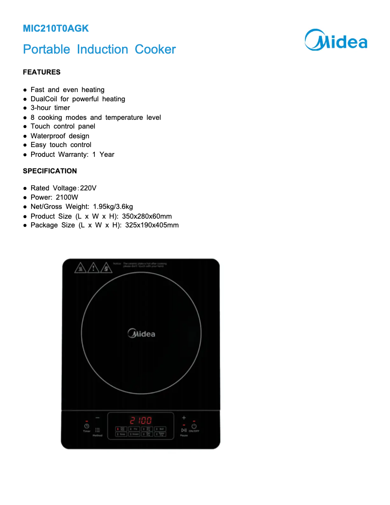 Page 1 de la notice Fiche technique Midea MIC210T0AGK