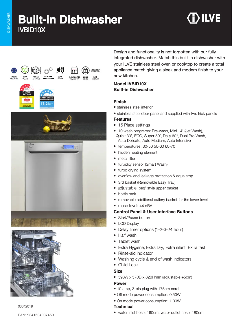 Page 1 de la notice Fiche technique Ilve IVBID10X