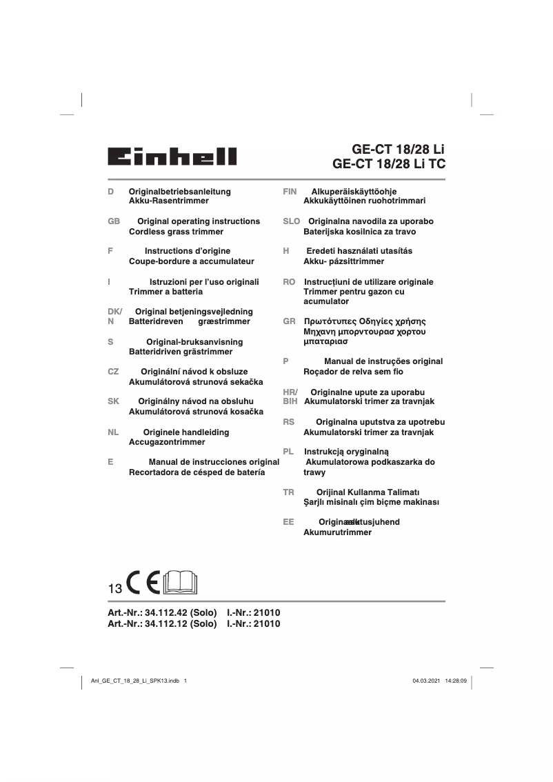 Page n°1 - Manuel utilisateur Einhell GE-CT 18/28 Li