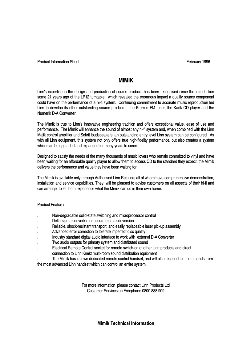 Page n°1 - Fiche technique Linn Mimik