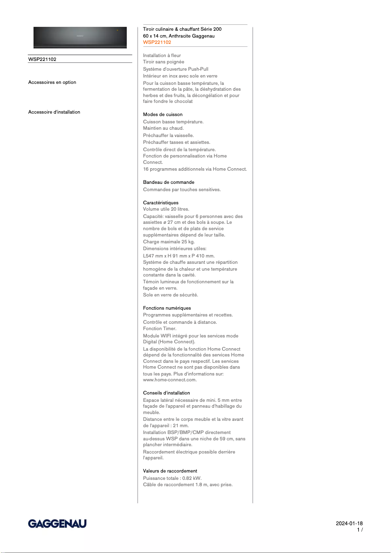 Page 1 de la notice Fiche technique Gaggenau WSP221102