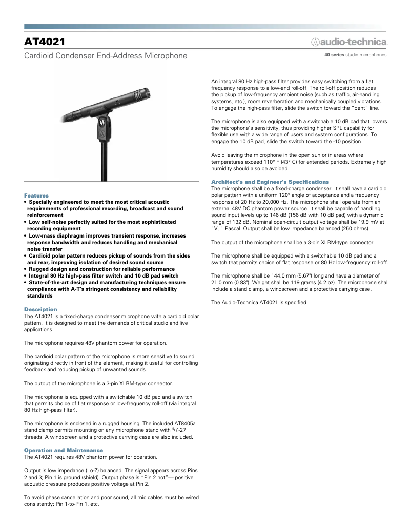 Página 1 del manual Guía de inicio rápido Audio-Technica AT4021
