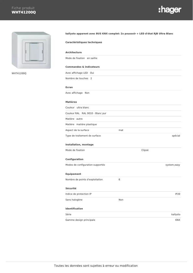 Page 1 de la notice Fiche technique Hager WHT41200Q