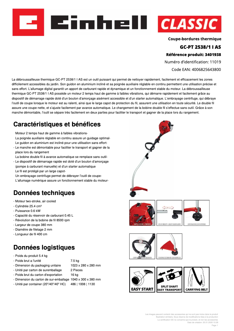 Page 1 de la notice Fiche technique Einhell GC-PT 2538/1 I AS