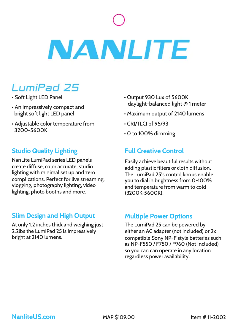 Page 1 de la notice Manuel utilisateur Nanlite LumiPad 25