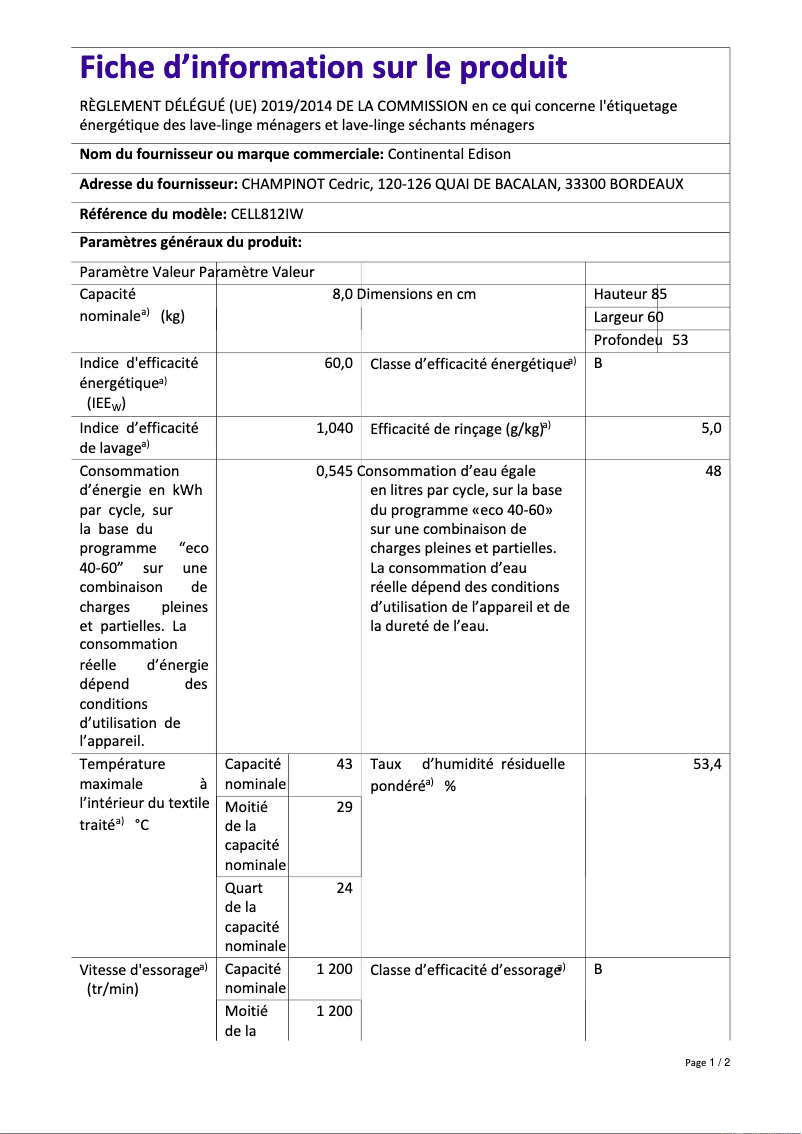 Page n°1 - Label énergétique Continental Edison CELL812IW