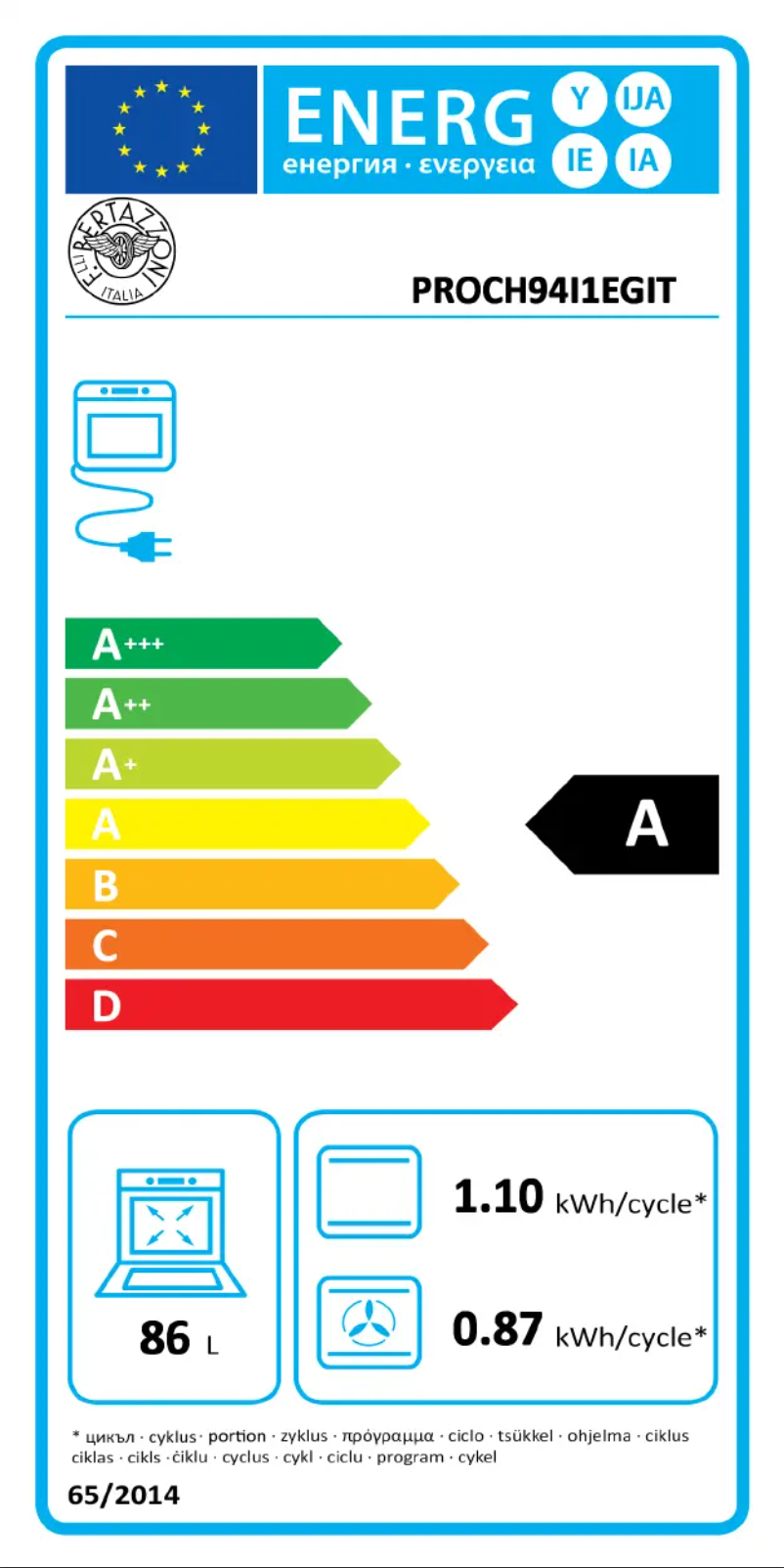 Página 1 del manual Etiqueta energética Bertazzoni PR1PROCH94I1EXT