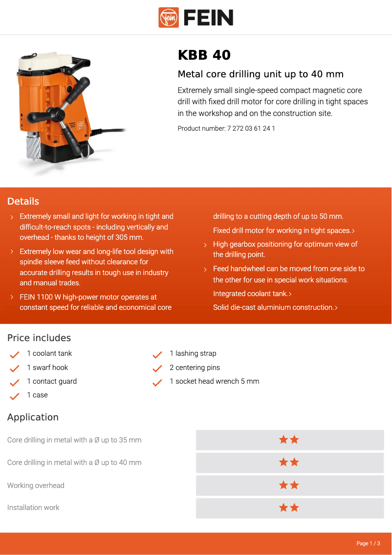 Page 1 de la notice Fiche technique Fein KBB 40