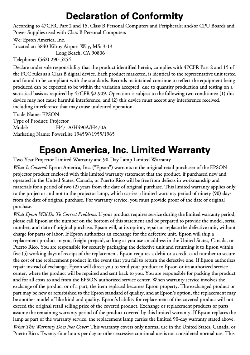 Page 1 de la notice Informations de garantie Epson PowerLite 1965