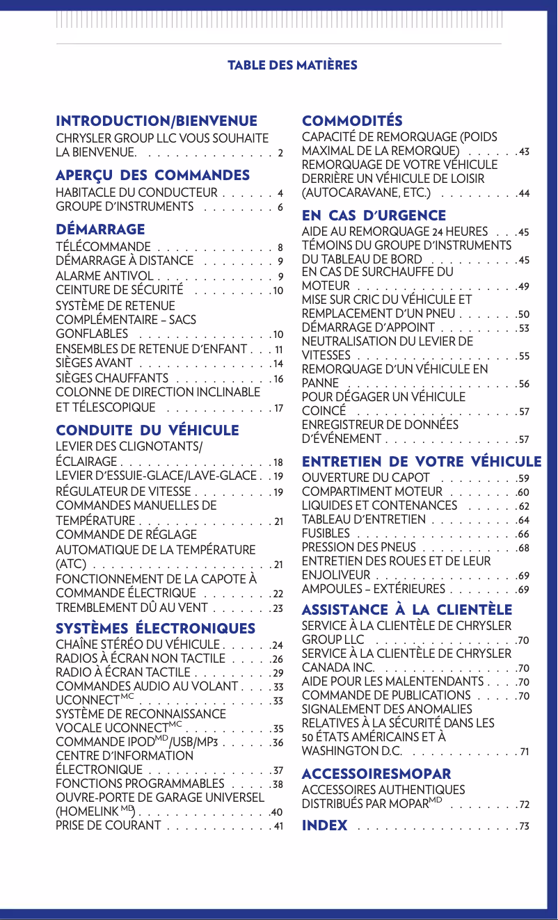 Page 1 de la notice Manuel utilisateur Chrysler Cabriolet 200 (2011)