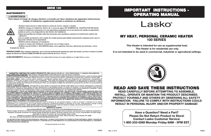 Page n°1 - Manuel utilisateur Lasko 106