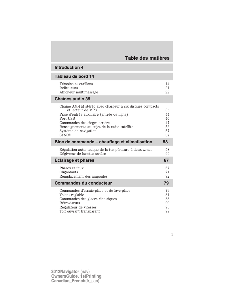 Page n°1 - Manuel utilisateur Lincoln Navigator (2012)