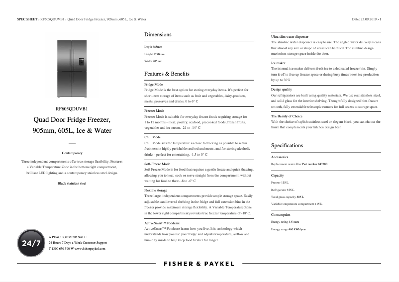 Page 1 de la notice Fiche technique Fisher & Paykel RF605QDUVB1