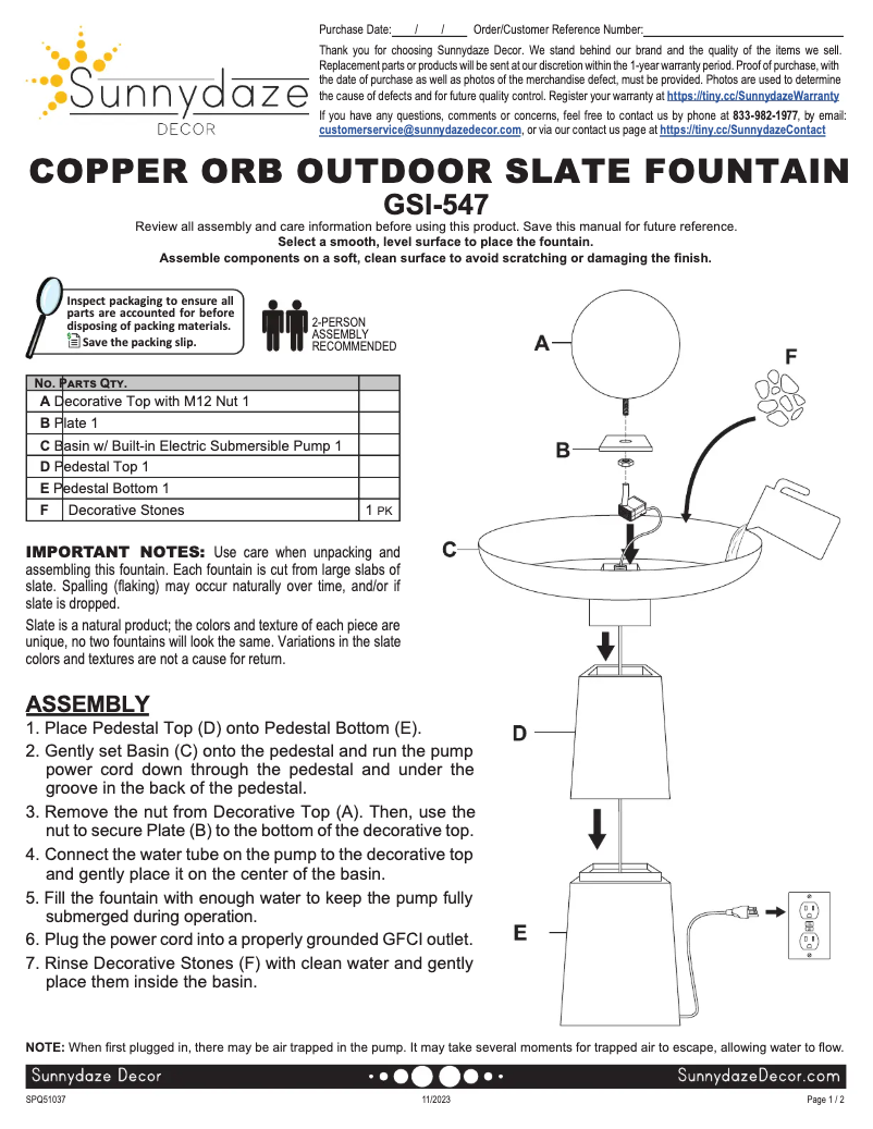 Page 1 de la notice Manuel utilisateur Sunnydaze Decor GSI-547
