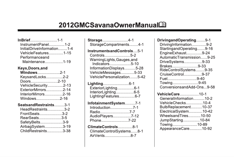 Page 1 de la notice Manuel utilisateur GMC Savana Passenger (2012)