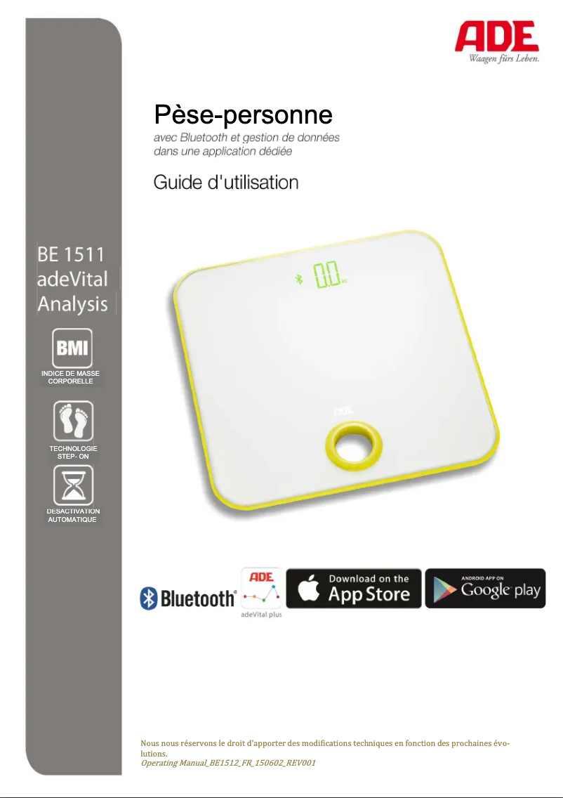 Page n°1 - Manuel utilisateur ADE adeVital BE 1512