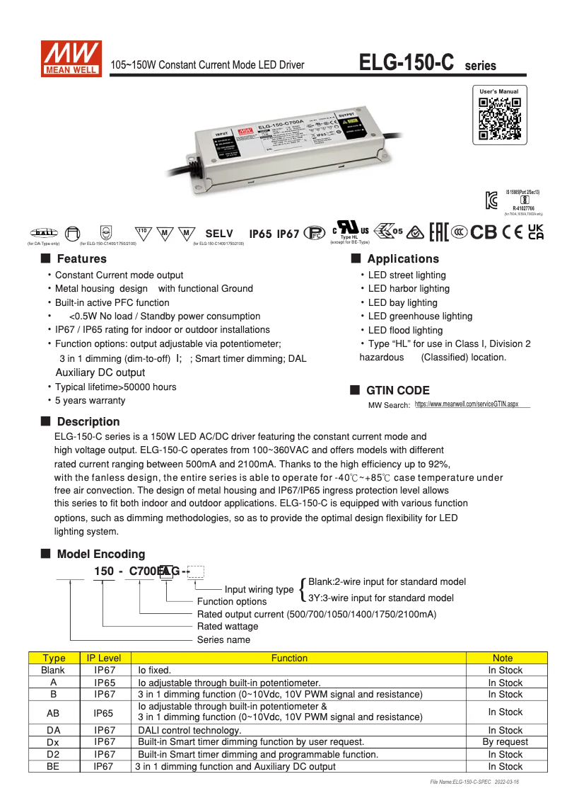 Page n°1 - Manuel utilisateur Mean Well ELG-150-C1050B-3Y