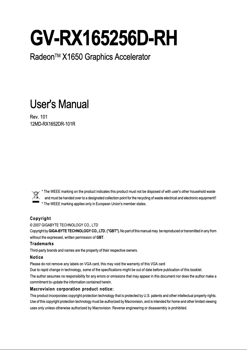Page 1 de la notice Manuel utilisateur Gigabyte GV-RX165256D-RH