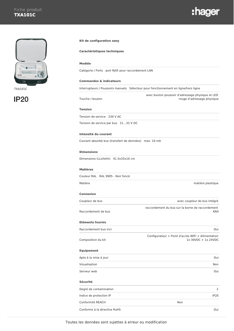 Page 1 de la notice Fiche technique Hager TXA101C