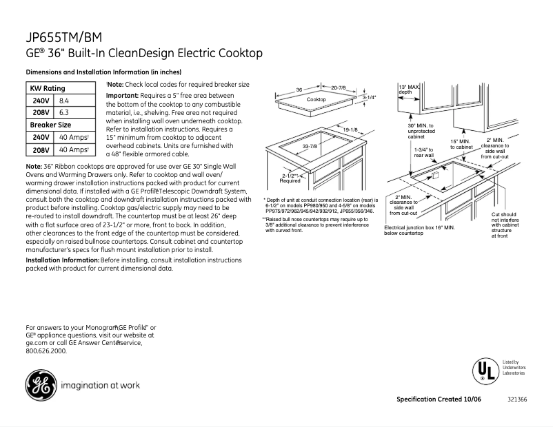 Page n°1 - Fiche technique GE JP655TMWW