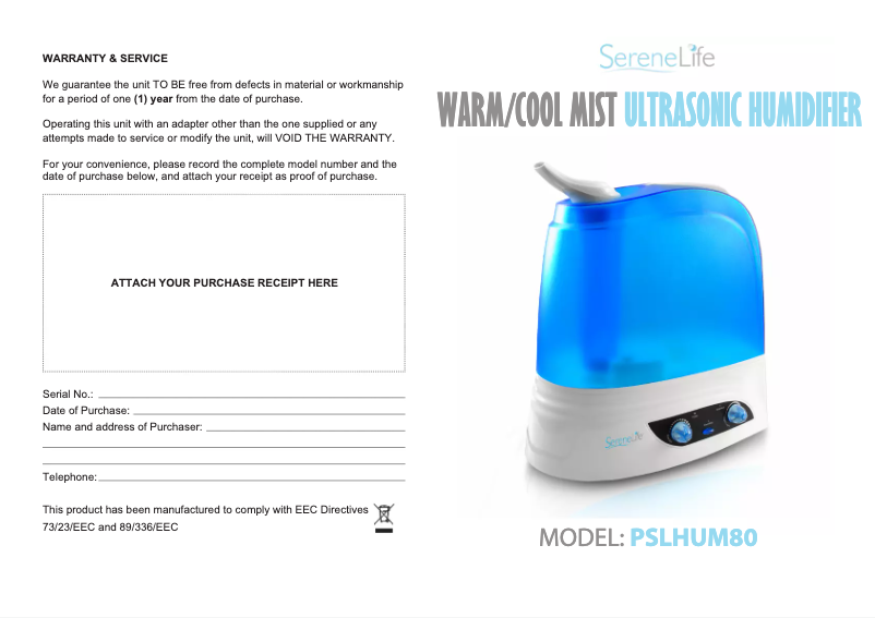 Page 1 de la notice Manuel utilisateur SereneLife PSLHUM80