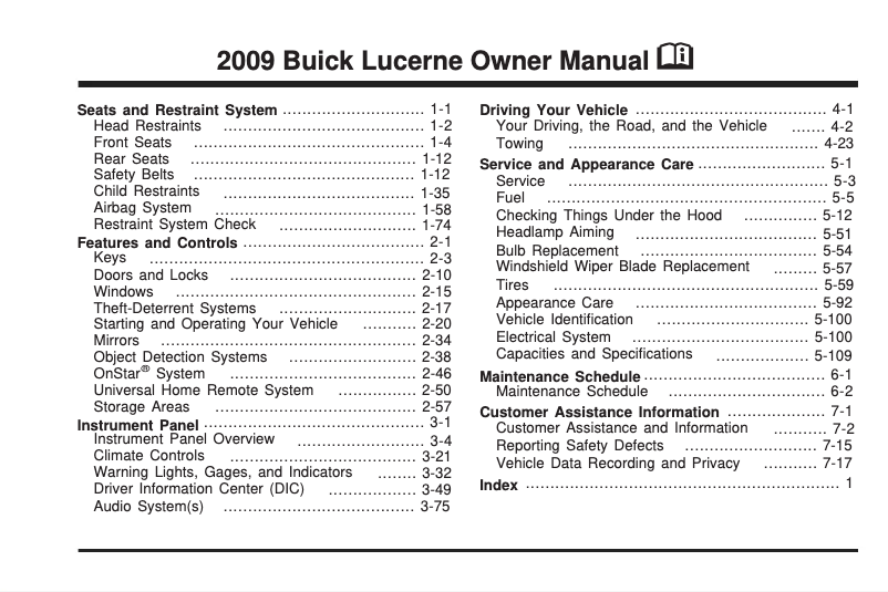 Page 1 de la notice Manuel utilisateur Buick Lucerne (2009)