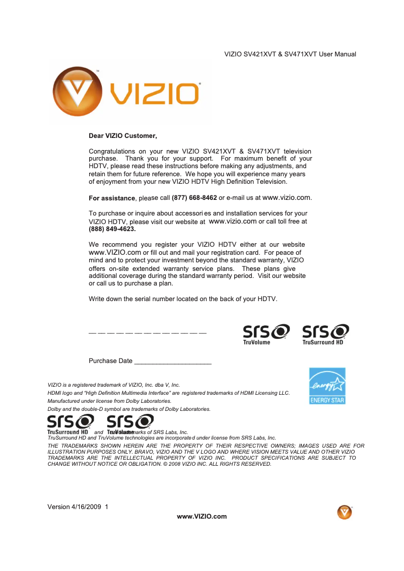 Page 1 de la notice Manuel utilisateur VIZIO SV471XVT