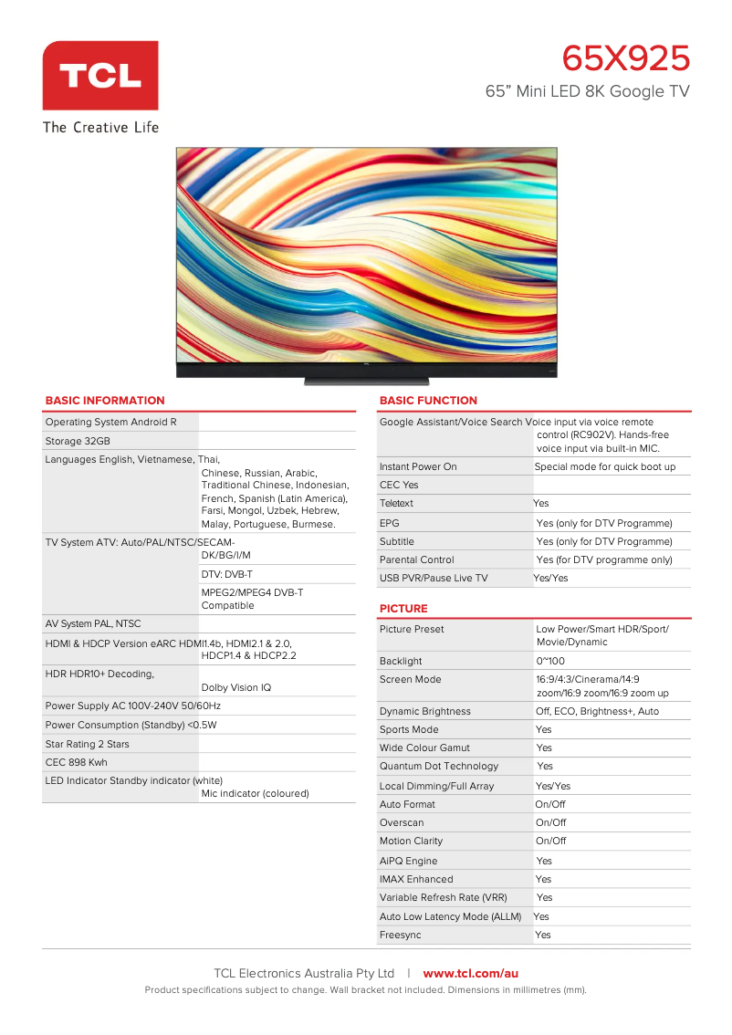 Page 1 de la notice Fiche technique TCL 65X925