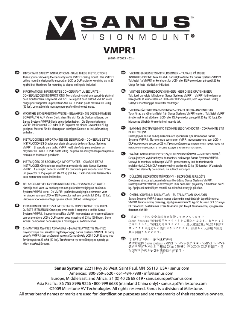 Page 1 de la notice Manuel utilisateur Sanus VisionMount VMPR1