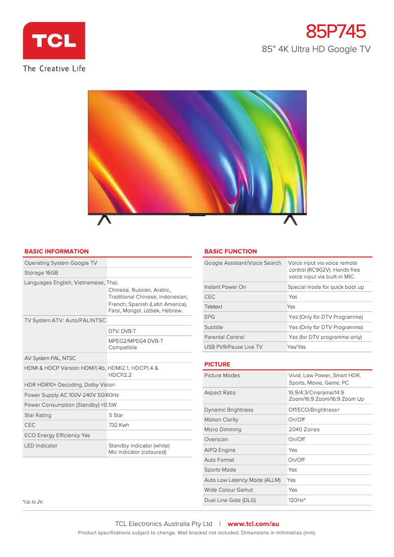 Page 1 de la notice Fiche technique TCL 85P745
