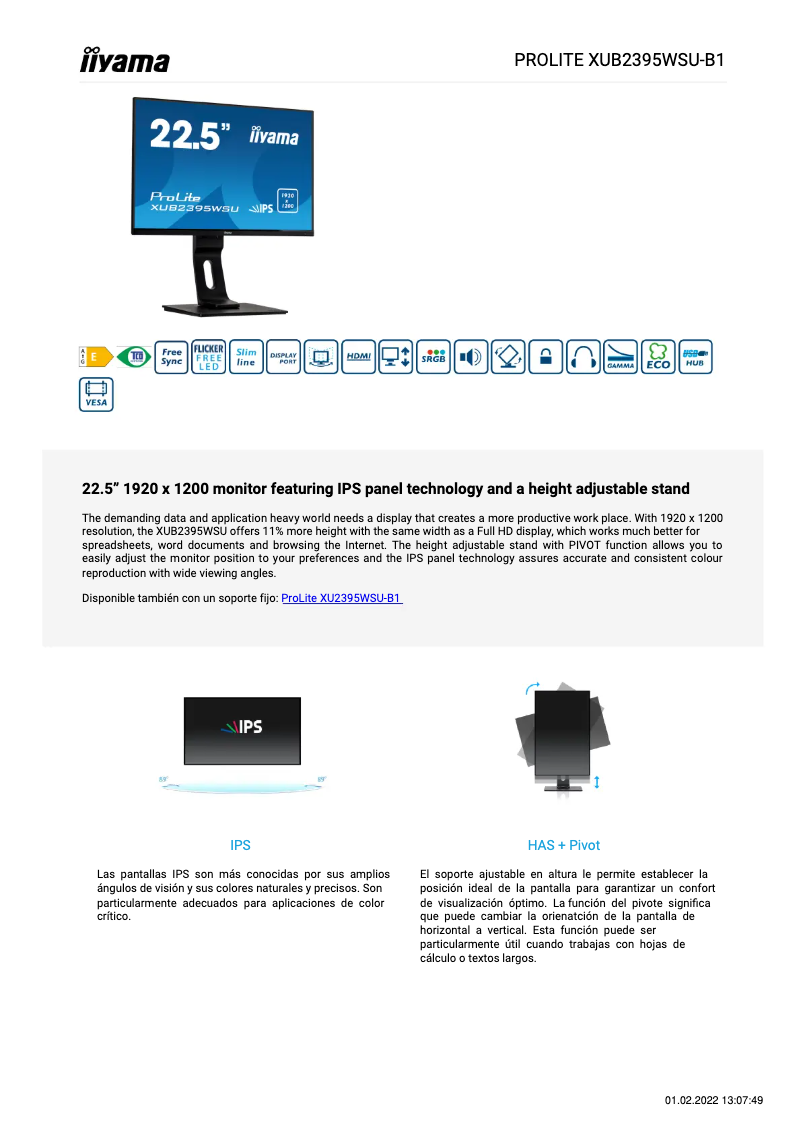 Página 1 del manual Ficha técnica Iiyama ProLite XUB2395WSU-B1