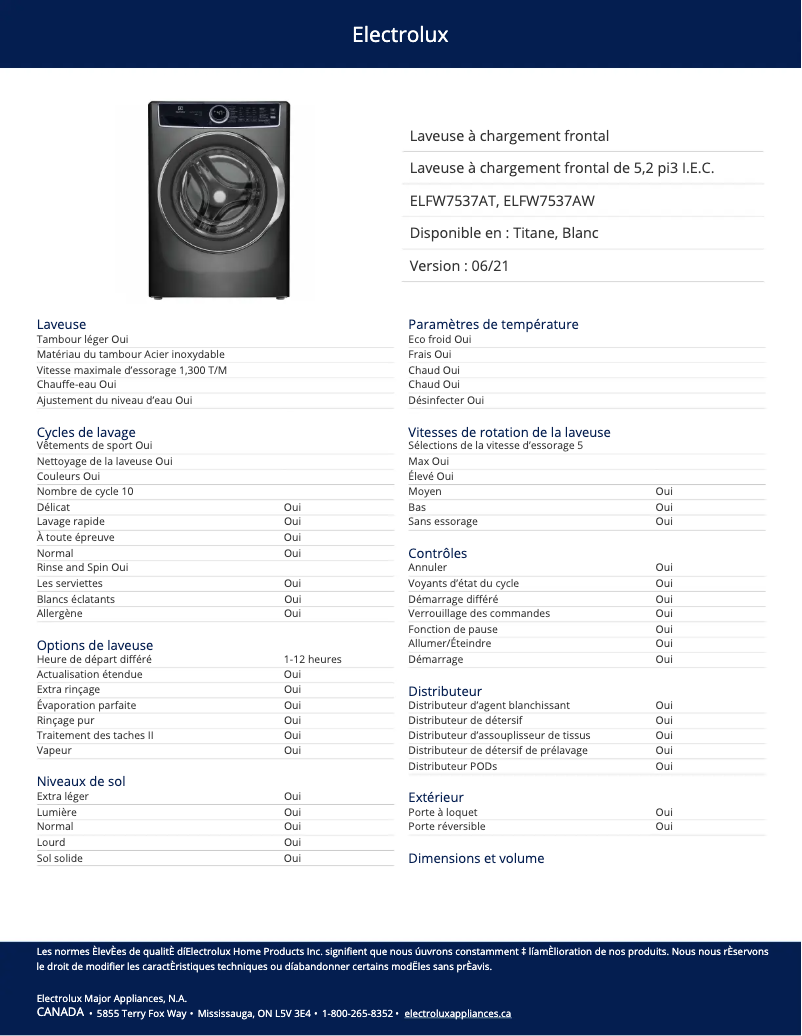 Page n°1 - Fiche technique Electrolux ELFW7537AW