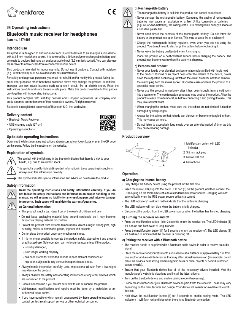 Page 1 de la notice Manuel utilisateur Renkforce RF-BTR-1000