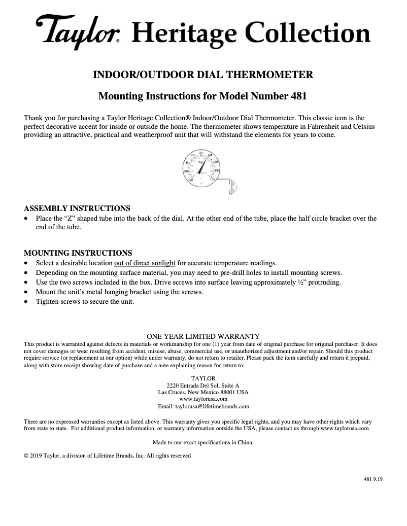 Page 1 de la notice Manuel utilisateur Taylor 481CR