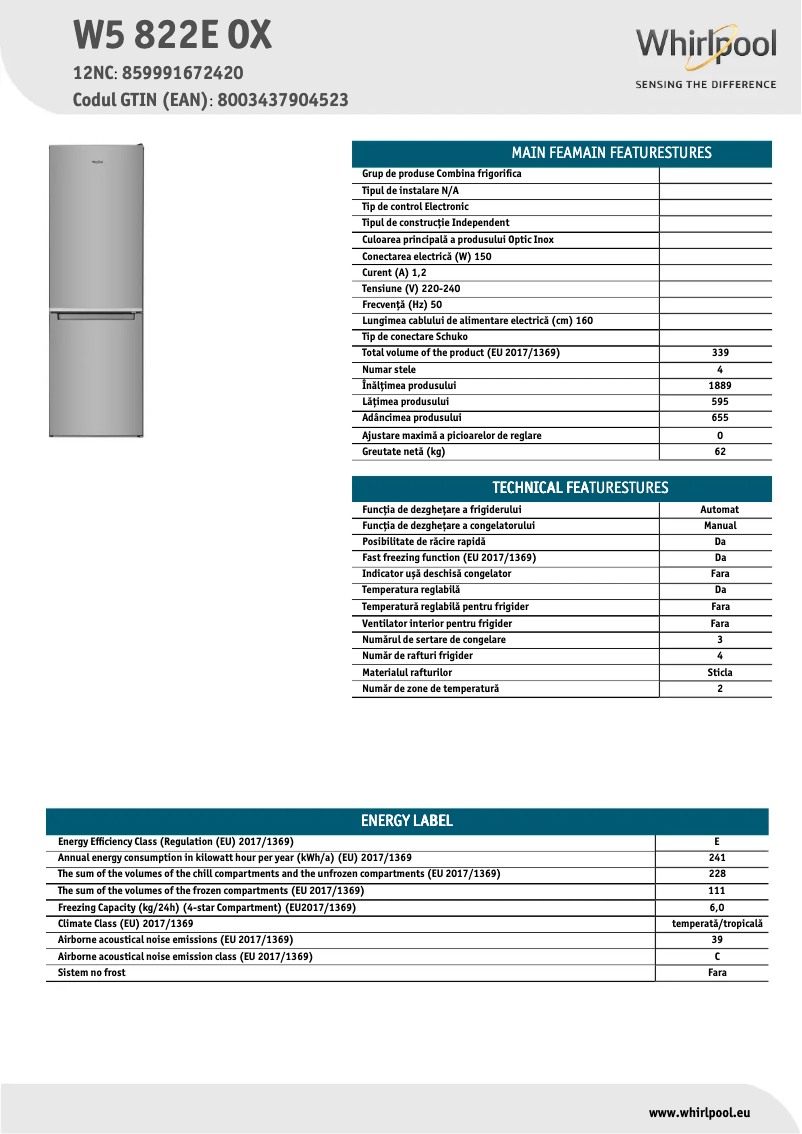 Page n°1 - Fiche technique Whirlpool W5 822E OX