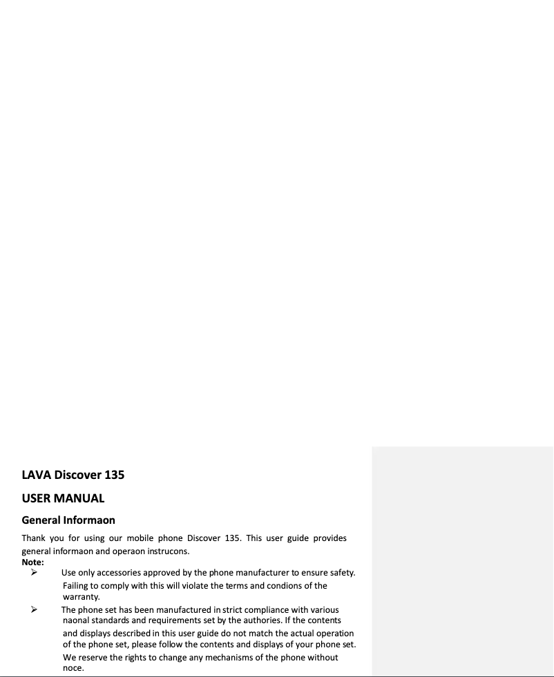 Page 1 de la notice Manuel utilisateur Lava Discover 135